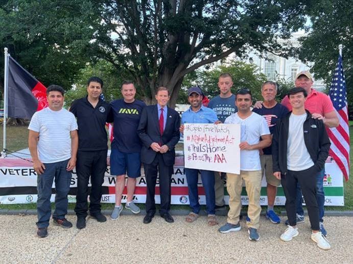 Blumenthal visited a group of Afghan refugees and veterans outside the U.S. Capitol to call for passage of the Afghan Adjustment Act. The bipartisan, bicameral legislation would allow Afghan allies with temporary legal status to apply for permanent legal status in the United States.